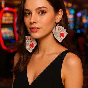 NIP, Elegant Playing Card Earrings with Rhinestones